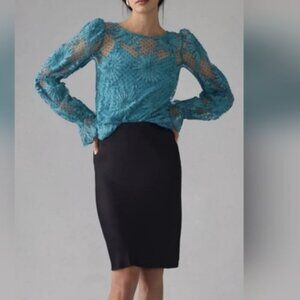 Anthropologie Eva Franco Teal Lace Floral Top Blouse Women Size XL Unlined